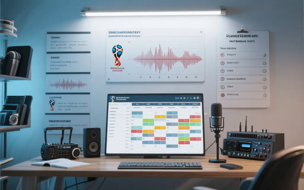 世界杯播客制作流程示意:选题、连线、快录、快剪、音频优化、分发