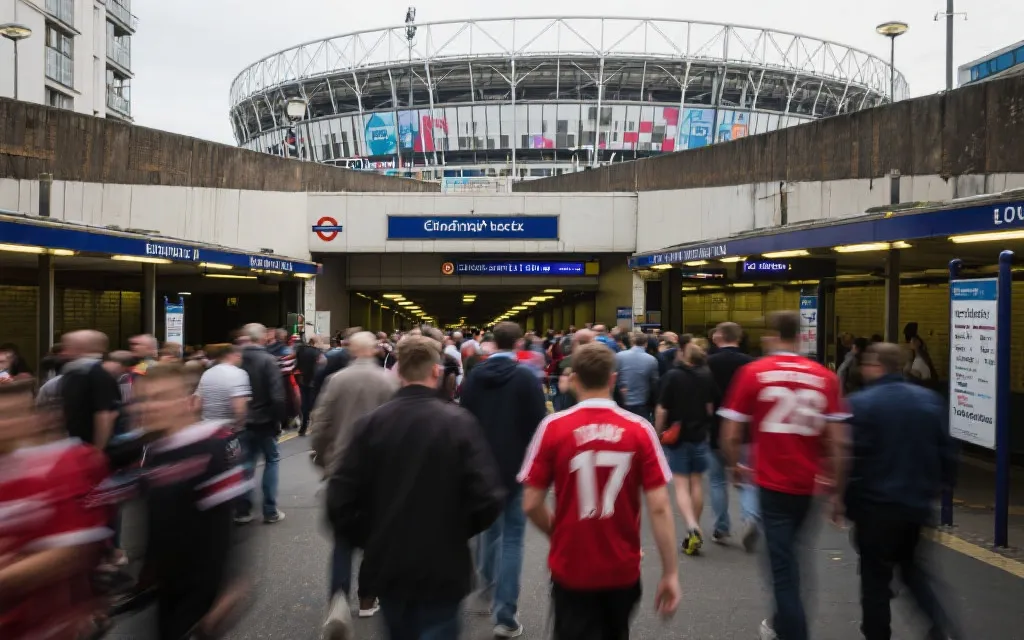 比赛日球迷乘坐城市轨道交通前往球场的场景，动线清晰